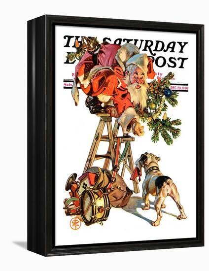 "Santa Up a Ladder," Saturday Evening Post Cover, December 20, 1930-Joseph Christian Leyendecker-Framed Premier Image Canvas