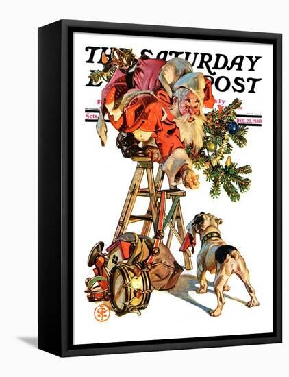 "Santa Up a Ladder," Saturday Evening Post Cover, December 20, 1930-Joseph Christian Leyendecker-Framed Premier Image Canvas