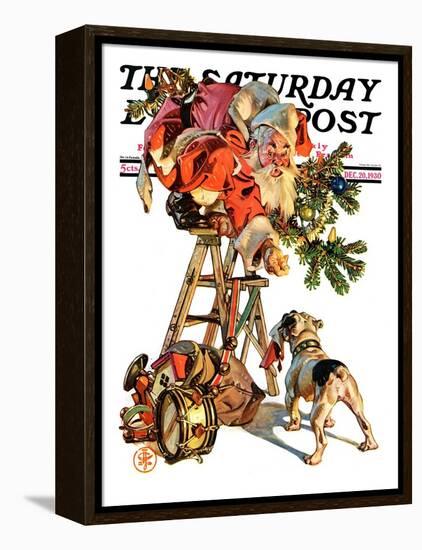 "Santa Up a Ladder," Saturday Evening Post Cover, December 20, 1930-Joseph Christian Leyendecker-Framed Premier Image Canvas