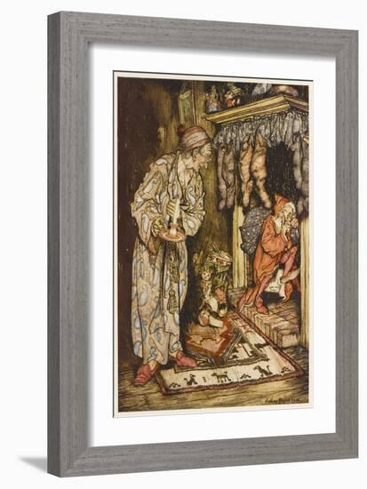 Santa Up Chimney, C20th-Arthur Rackham-Framed Art Print