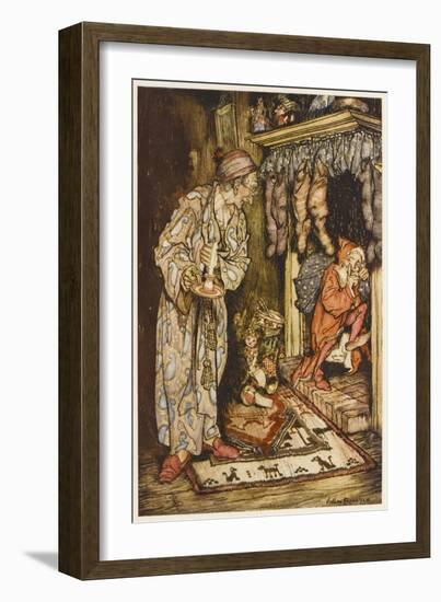 Santa Up Chimney, C20th-Arthur Rackham-Framed Art Print