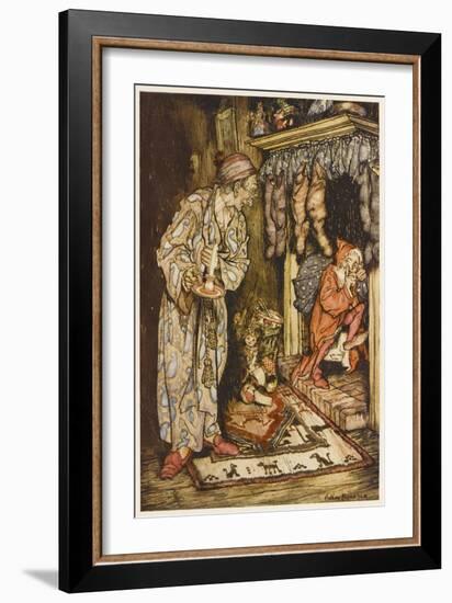 Santa Up Chimney, C20th-Arthur Rackham-Framed Art Print