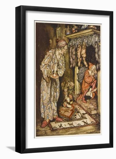 Santa Up Chimney, C20th-Arthur Rackham-Framed Art Print