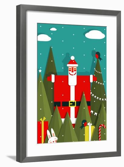 Santa with Gifts and Presents in Woods. Vector Eps8 Graphic Christmas Illustration.-Popmarleo-Framed Art Print