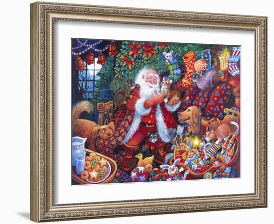 Santa with Lots of Toys and Dog Holds Kitten-Bill Bell-Framed Giclee Print