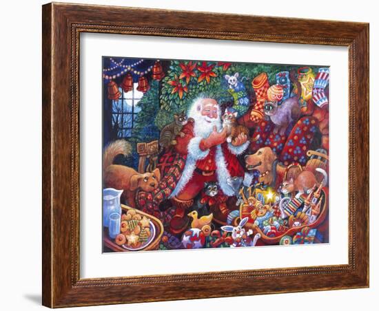 Santa with Lots of Toys and Dog Holds Kitten-Bill Bell-Framed Giclee Print