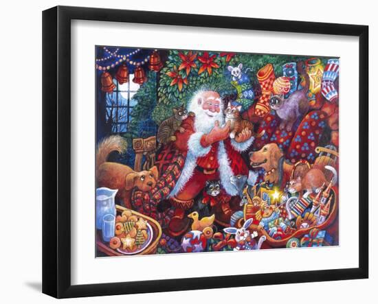 Santa with Lots of Toys and Dog Holds Kitten-Bill Bell-Framed Giclee Print