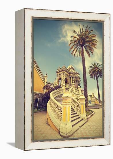 Santiago De Chile, Old Building with Palms on the Blue Sky, Vintage Retro Style.-Maciej Bledowski-Framed Premier Image Canvas