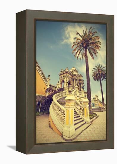 Santiago De Chile, Old Building with Palms on the Blue Sky, Vintage Retro Style.-Maciej Bledowski-Framed Premier Image Canvas