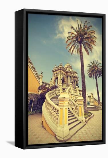 Santiago De Chile, Old Building with Palms on the Blue Sky, Vintage Retro Style.-Maciej Bledowski-Framed Premier Image Canvas