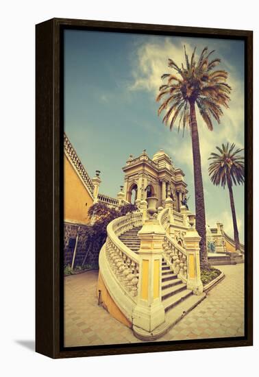 Santiago De Chile, Old Building with Palms on the Blue Sky, Vintage Retro Style.-Maciej Bledowski-Framed Premier Image Canvas