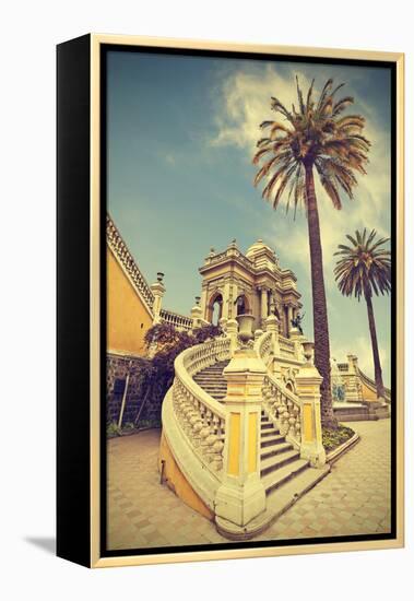 Santiago De Chile, Old Building with Palms on the Blue Sky, Vintage Retro Style.-Maciej Bledowski-Framed Premier Image Canvas