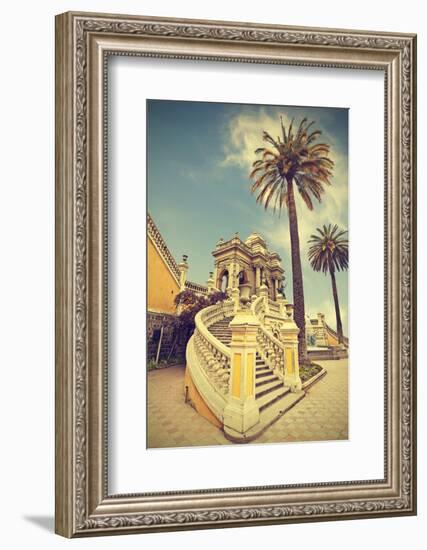 Santiago De Chile, Old Building with Palms on the Blue Sky, Vintage Retro Style.-Maciej Bledowski-Framed Photographic Print