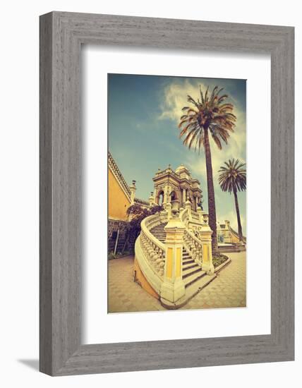 Santiago De Chile, Old Building with Palms on the Blue Sky, Vintage Retro Style.-Maciej Bledowski-Framed Photographic Print