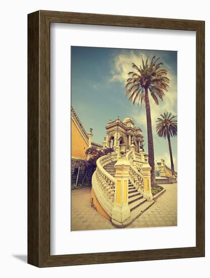 Santiago De Chile, Old Building with Palms on the Blue Sky, Vintage Retro Style.-Maciej Bledowski-Framed Photographic Print