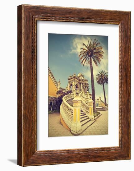 Santiago De Chile, Old Building with Palms on the Blue Sky, Vintage Retro Style.-Maciej Bledowski-Framed Photographic Print