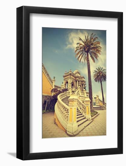 Santiago De Chile, Old Building with Palms on the Blue Sky, Vintage Retro Style.-Maciej Bledowski-Framed Photographic Print