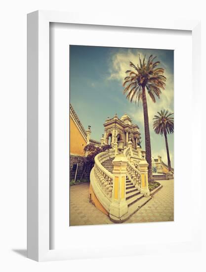 Santiago De Chile, Old Building with Palms on the Blue Sky, Vintage Retro Style.-Maciej Bledowski-Framed Photographic Print