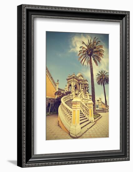 Santiago De Chile, Old Building with Palms on the Blue Sky, Vintage Retro Style.-Maciej Bledowski-Framed Photographic Print