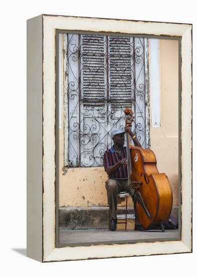 Santiago De Cuba Province, Historical Center, Street Musician Playing Double Bass-Jane Sweeney-Framed Premier Image Canvas