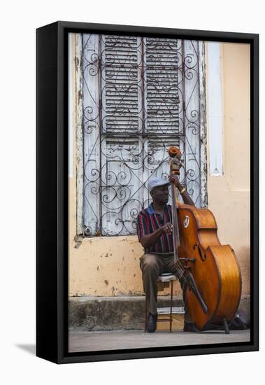 Santiago De Cuba Province, Historical Center, Street Musician Playing Double Bass-Jane Sweeney-Framed Premier Image Canvas