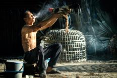 Man Cleaning Thai Gamecock-SantiPhotoSS-Framed Photographic Print