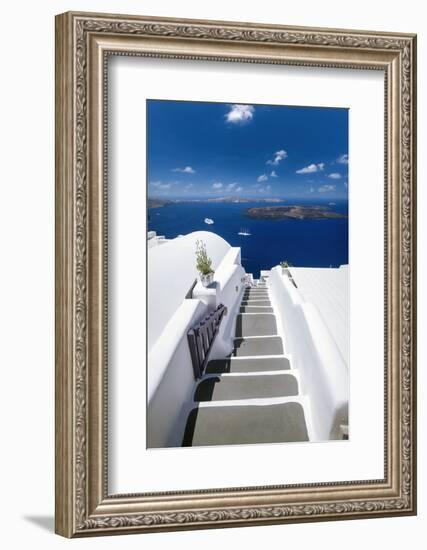 Santorini, stairs with a view to the sea and Caldera, Santorini, Cyclades, Greek Islands, Greece-Sakis Papadopoulos-Framed Photographic Print