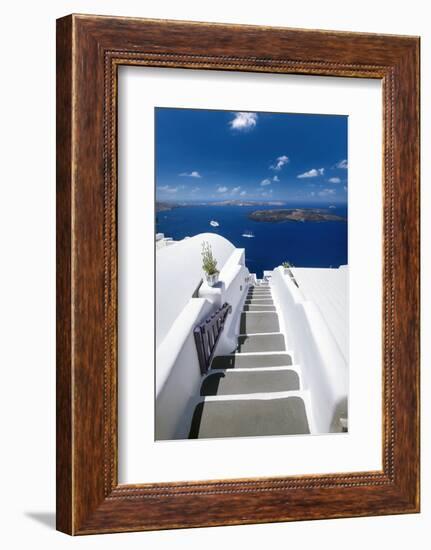 Santorini, stairs with a view to the sea and Caldera, Santorini, Cyclades, Greek Islands, Greece-Sakis Papadopoulos-Framed Photographic Print