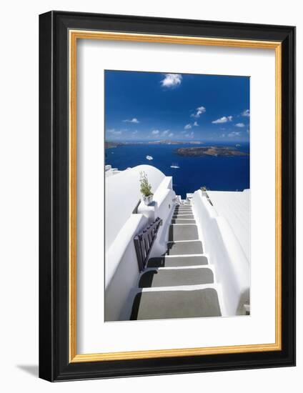 Santorini, stairs with a view to the sea and Caldera, Santorini, Cyclades, Greek Islands, Greece-Sakis Papadopoulos-Framed Photographic Print