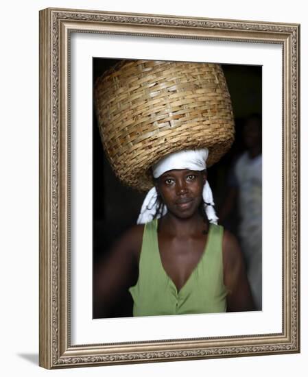 Sao Tomense Woman Carries Basket Full of Cocoa Beans, Cocoa Processing Plant in Agua Ize, Sao Tome-Camilla Watson-Framed Photographic Print