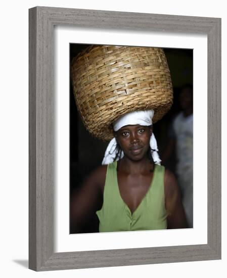 Sao Tomense Woman Carries Basket Full of Cocoa Beans, Cocoa Processing Plant in Agua Ize, Sao Tome-Camilla Watson-Framed Photographic Print