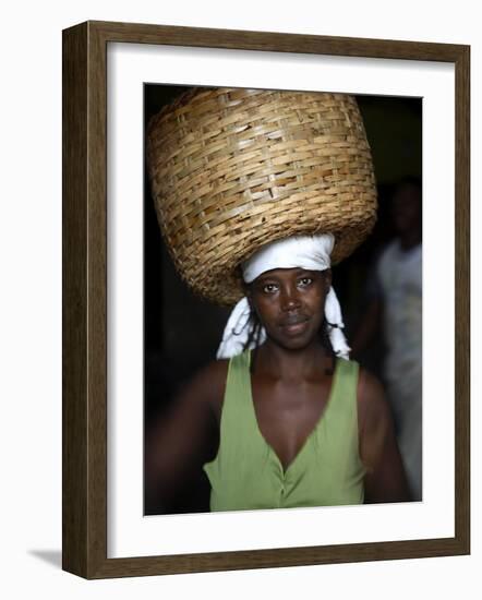 Sao Tomense Woman Carries Basket Full of Cocoa Beans, Cocoa Processing Plant in Agua Ize, Sao Tome-Camilla Watson-Framed Photographic Print