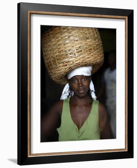 Sao Tomense Woman Carries Basket Full of Cocoa Beans, Cocoa Processing Plant in Agua Ize, Sao Tome-Camilla Watson-Framed Photographic Print