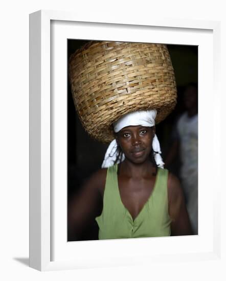 Sao Tomense Woman Carries Basket Full of Cocoa Beans, Cocoa Processing Plant in Agua Ize, Sao Tome-Camilla Watson-Framed Photographic Print