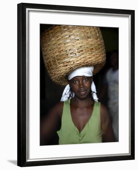 Sao Tomense Woman Carries Basket Full of Cocoa Beans, Cocoa Processing Plant in Agua Ize, Sao Tome-Camilla Watson-Framed Photographic Print