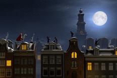 Sinterklaas and the Pieten on the Rooftops at Night, a Scene for the Traditional Dutch Holiday 'Sin-Sara Winter-Art Print