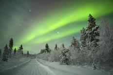 Spectacular Aurora Borealis (Northern Lights) over a Track through Winter Landscape in Finnish Lapl-Sara Winter-Framed Photographic Print