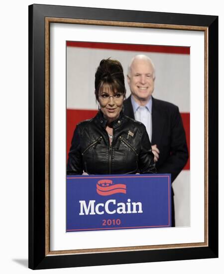 Sarah Palin Talks at a Campaign Rally for Senator John McCain at Pima County Fairgrounds in Tucson-null-Framed Photographic Print