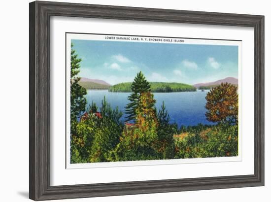 Saranac Lake, New York - Eagle Island and Lower Saranac Lake View-Lantern Press-Framed Art Print