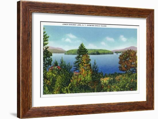 Saranac Lake, New York - Eagle Island and Lower Saranac Lake View-Lantern Press-Framed Art Print