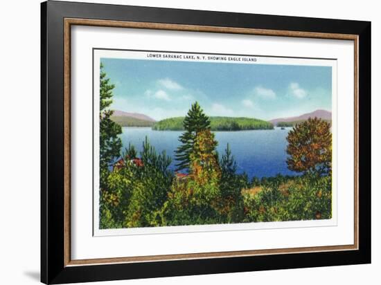 Saranac Lake, New York - Eagle Island and Lower Saranac Lake View-Lantern Press-Framed Art Print