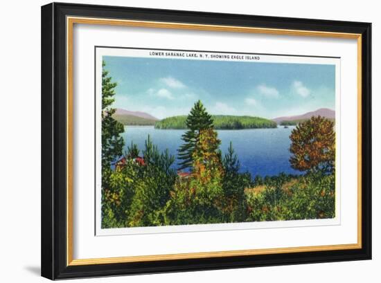 Saranac Lake, New York - Eagle Island and Lower Saranac Lake View-Lantern Press-Framed Art Print