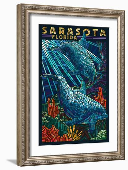 Sarasota, Florida - Dolphin Paper Mosaic-Lantern Press-Framed Premium Giclee Print