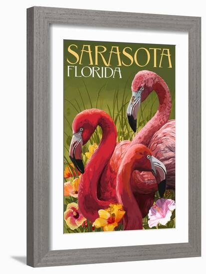 Sarasota, Florida - Flamingos-Lantern Press-Framed Art Print