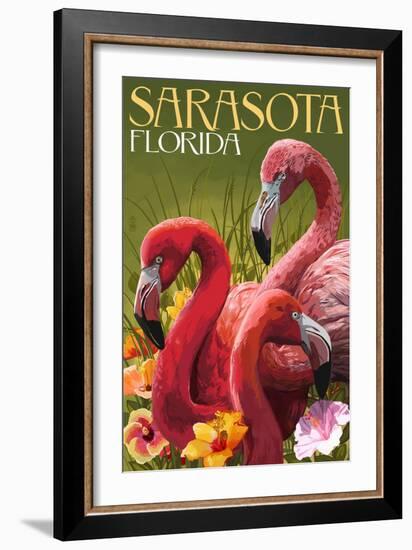 Sarasota, Florida - Flamingos-Lantern Press-Framed Art Print