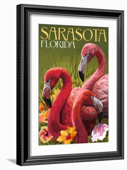 Sarasota, Florida - Flamingos-Lantern Press-Framed Art Print