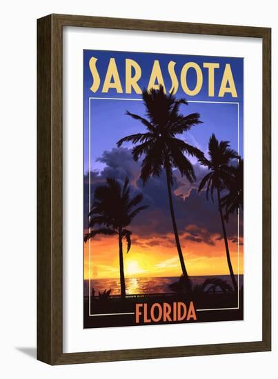 Sarasota, Florida - Palms and Sunset-Lantern Press-Framed Art Print