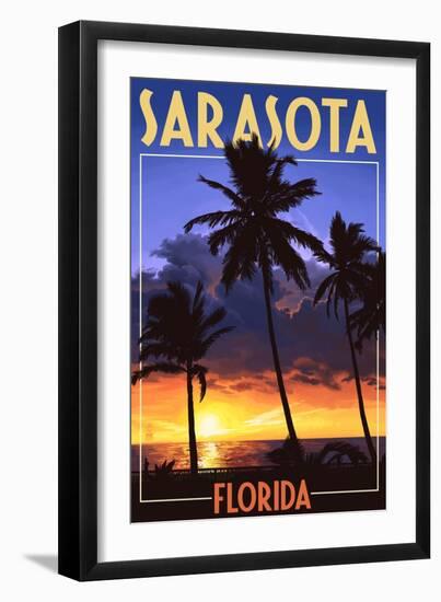 Sarasota, Florida - Palms and Sunset-Lantern Press-Framed Art Print