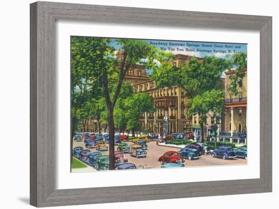 Saratoga Springs, New York - Grand Union and Rip Van Winkle Hotels View-Lantern Press-Framed Premium Giclee Print