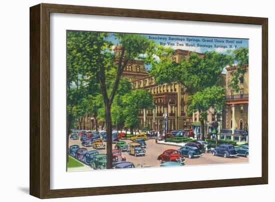 Saratoga Springs, New York - Grand Union and Rip Van Winkle Hotels View-Lantern Press-Framed Premium Giclee Print